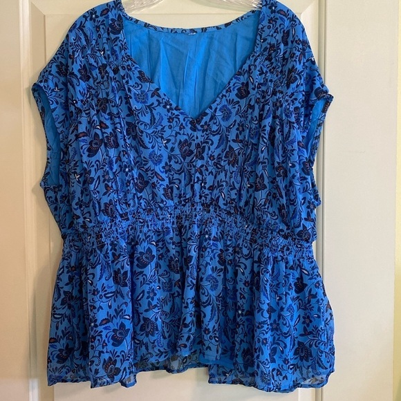 Gap V Neck Sheer Lined Ruched Waist Drop Sleeve Blue Floral Top Blouse 2X - Picture 1 of 10